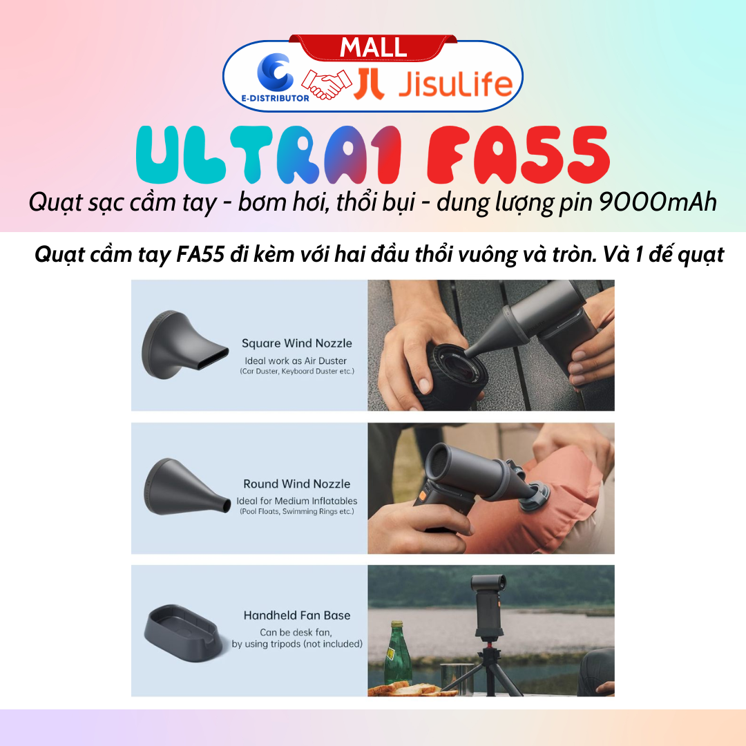 Quạt du lịch cầm tay đa năng Jisulife ULTRA1 FA55 quạt 18W, pin 6 giờ, bơm hơi, thổi bụi - Hàng chính hãng