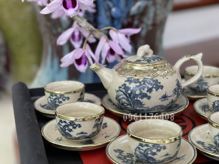 Bộ ấm chén men rạn bọc đồng gốm sứ Bát Tràng