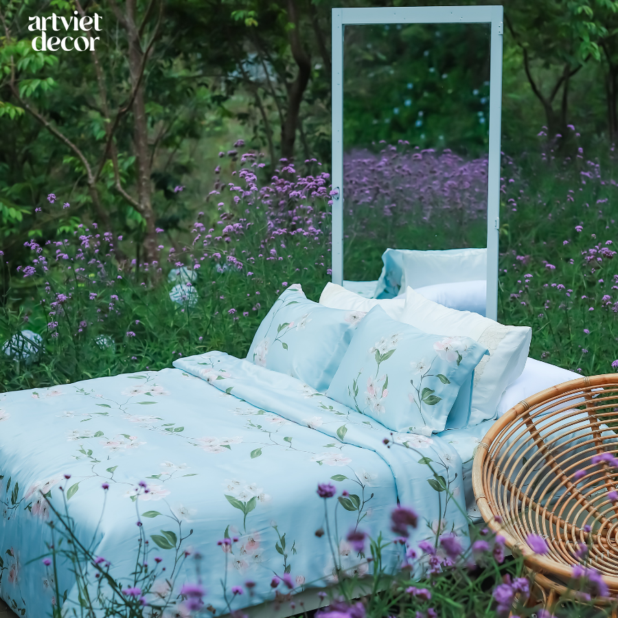 Bộ chăn ga gối lụa tơ tằm màu xanh thiên thanh - LM.LZ001