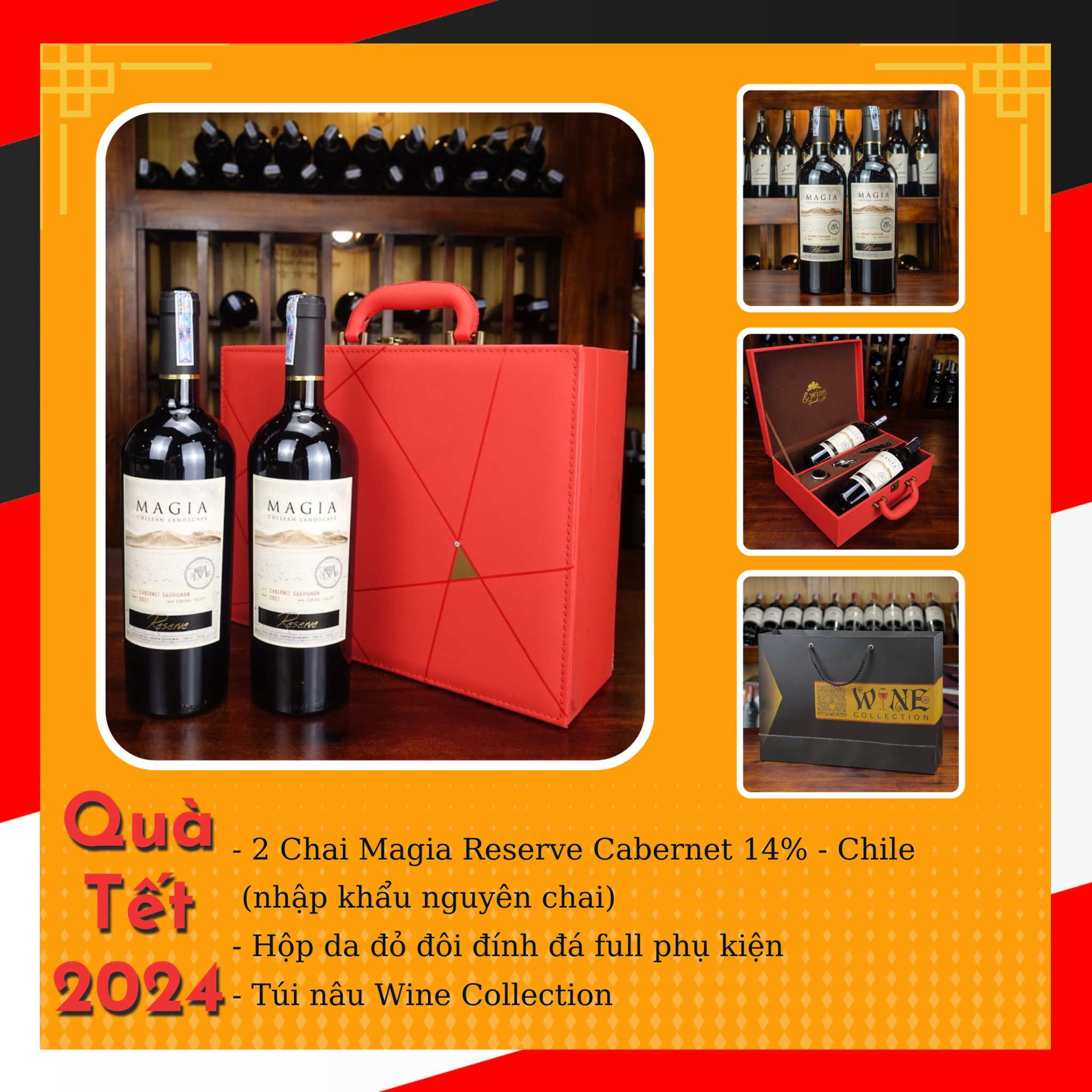 Hộp Vali đỏ đính đá + 2 chai rượu vang Chile Magia Reserve Cabernet Sauvignon