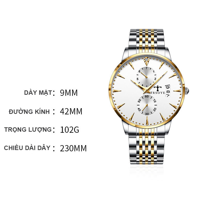 Đồng hồ TRSOYE T6038 chạy Full các kim - mặt đóng hồ trắng sáng sang trọng chạy 2 lịch chống thấm nước 3ATM Dây đeo lưới hợp kim thép