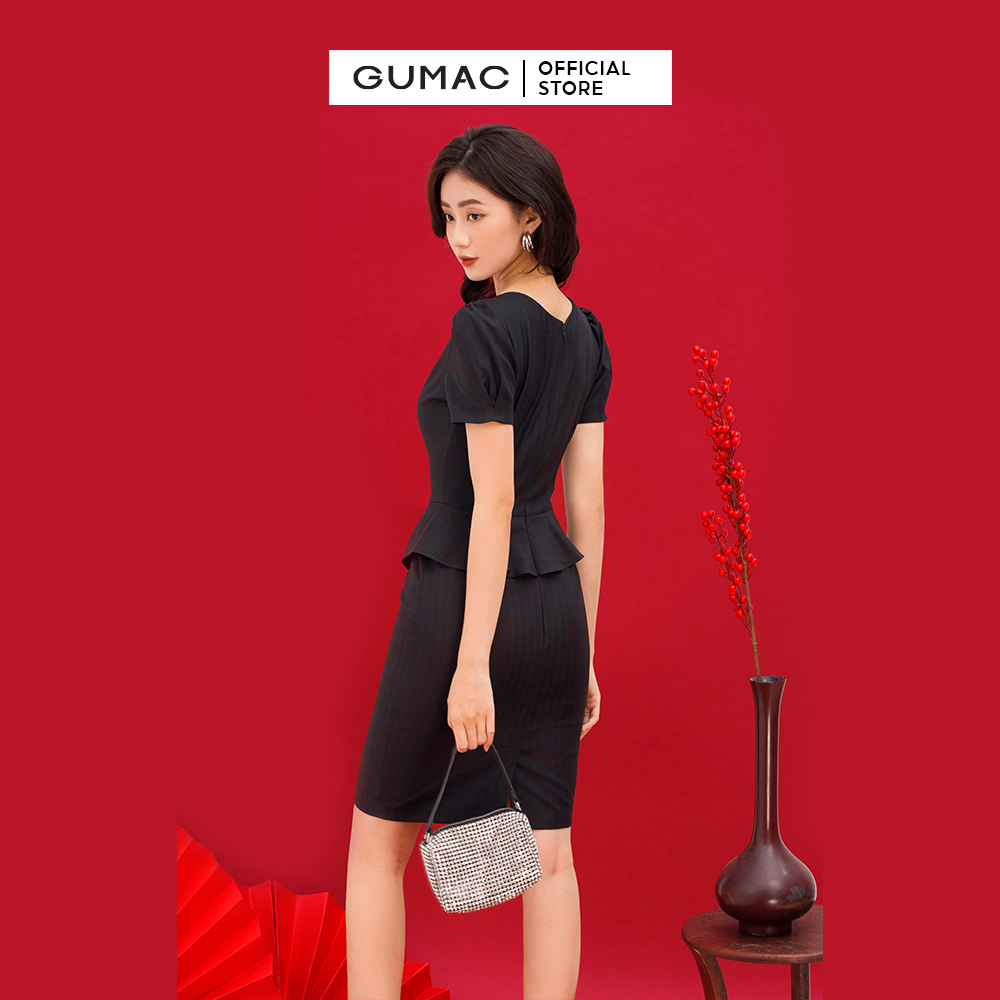 Đầm dáng ôm GUMAC DC01040 body công sở thiết kế cổ V phối bèo