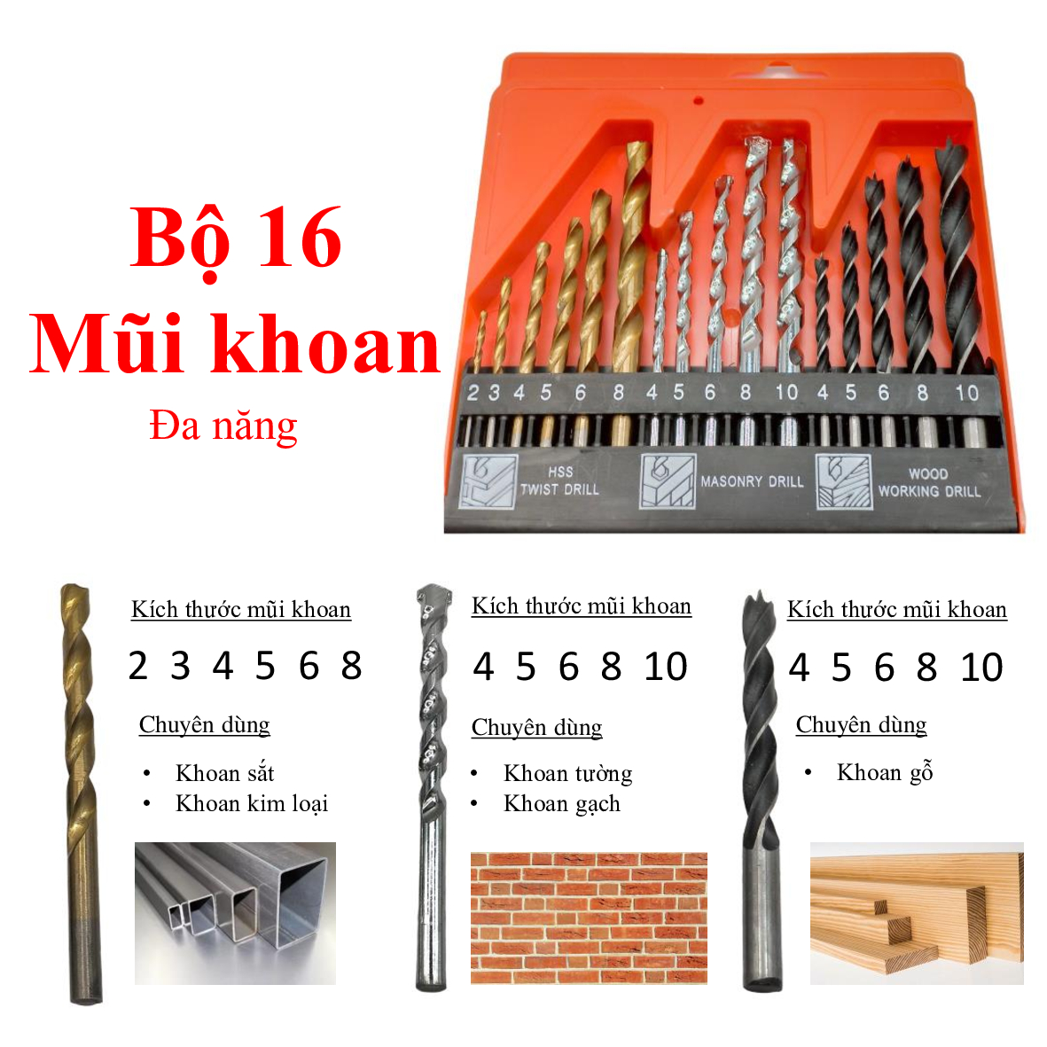 Bộ mũi khoan 16 mũi khoan, mũi khoan, mũi khoan đa năng, có 3 loại đầu khoan, khoan được gỗ, tường, gach, kim loại và sắt