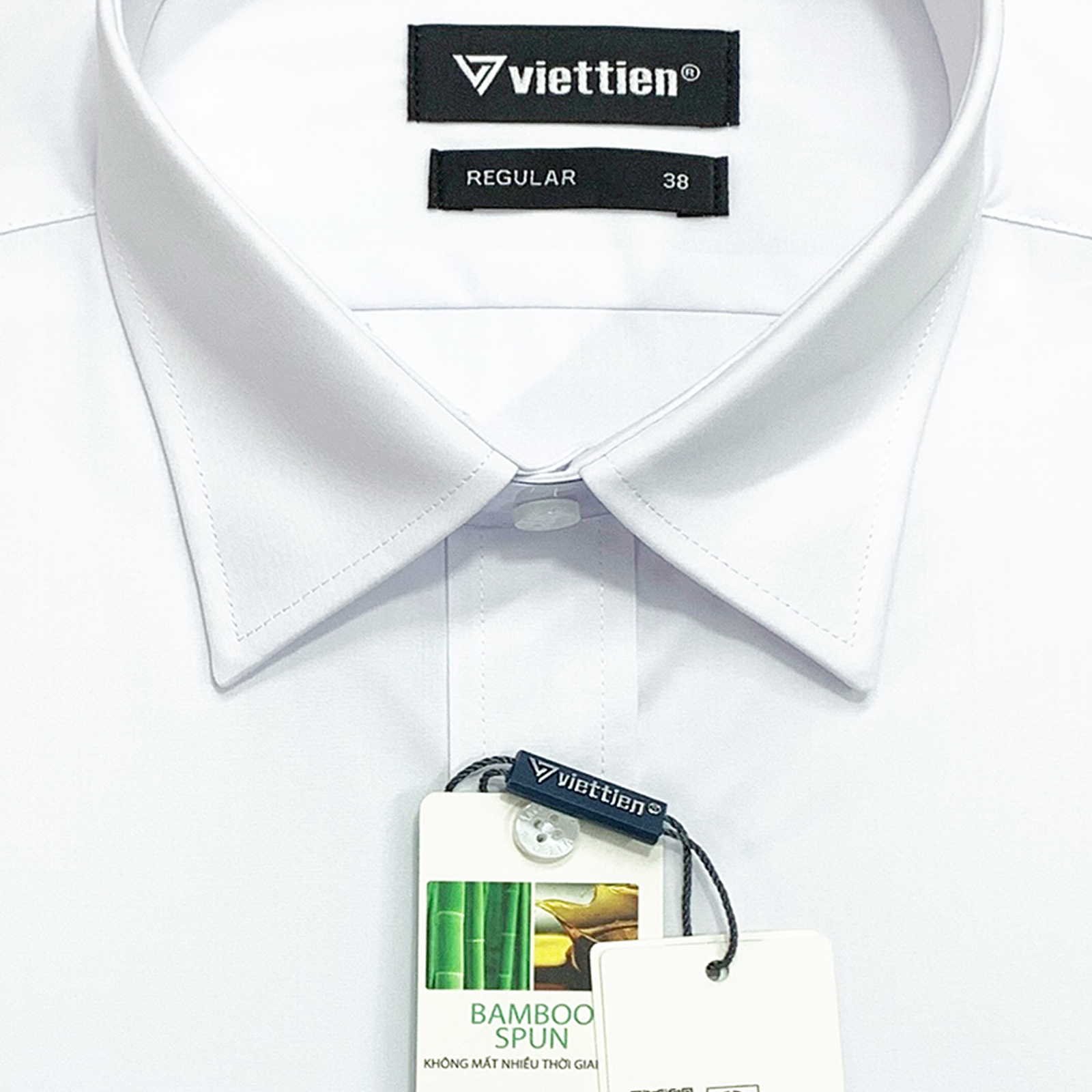 Viettien - Áo sơ mi nam ngắn tay màu trắng vạt bầu mới chất liệu Bamboo - Spun dáng regular rộng - Áo sơ mi nam công sở màu trắng
