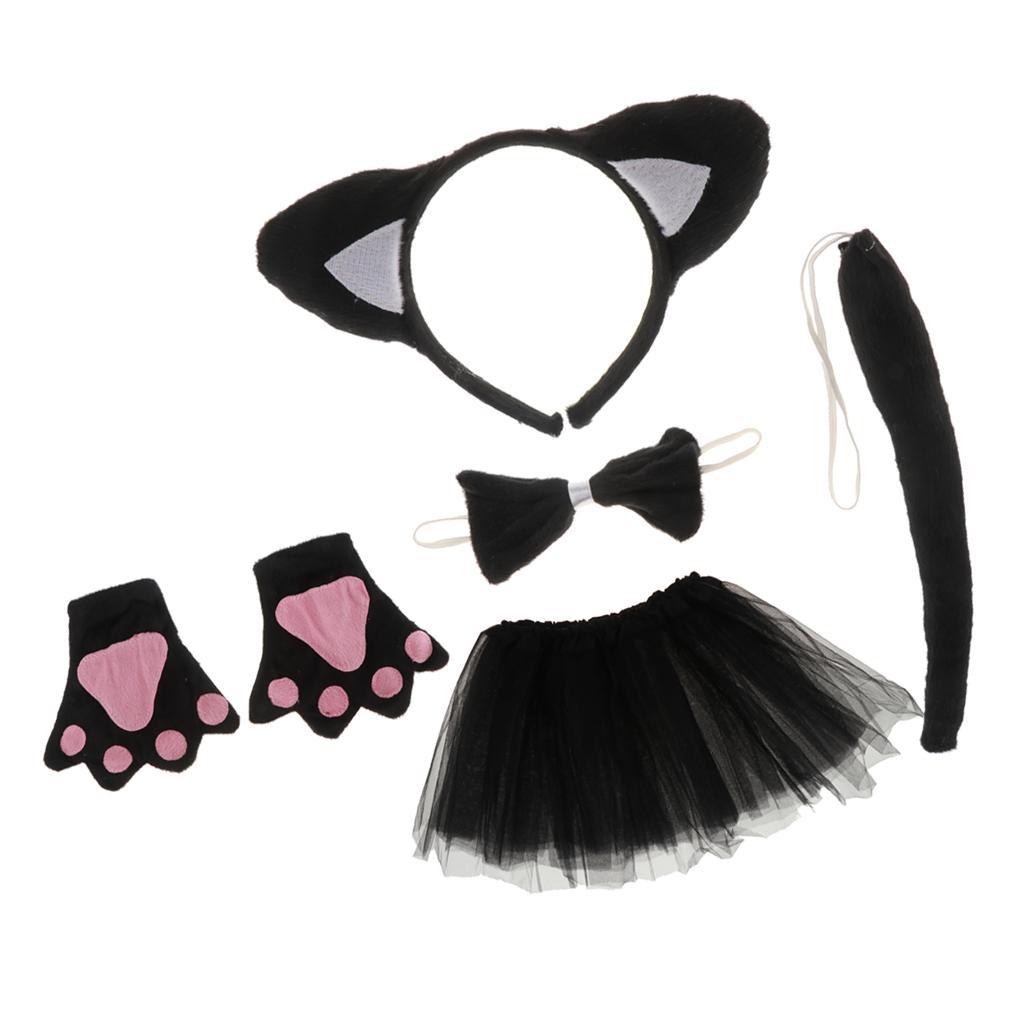Christmas Girls Kids Birthday Black Cat Costume Set Ear Headband TUTU Skirt Bowtie Gloves Tail Fancy Dress Outfit