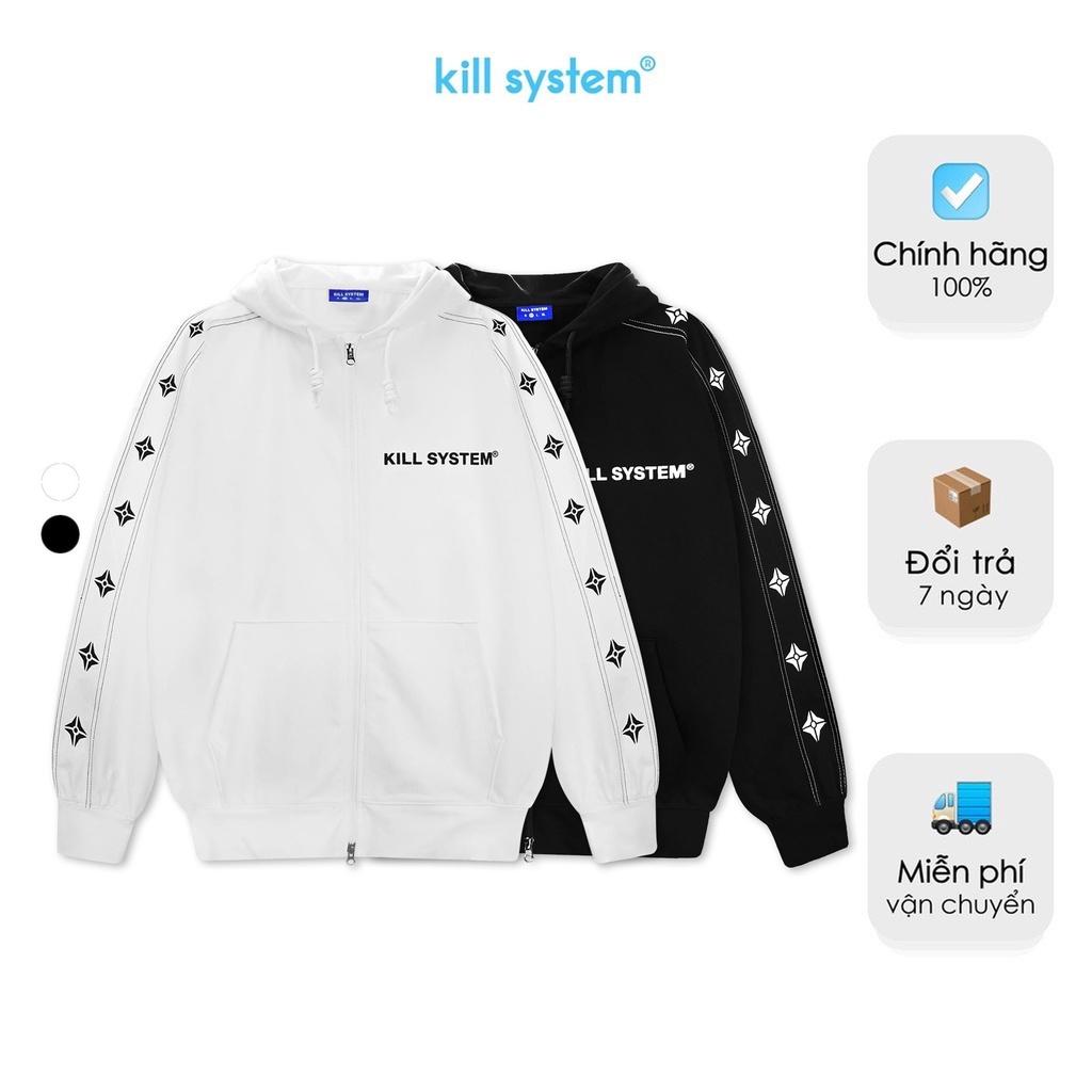 Áo khoác hoodie zip Kill System line oversize có nón nam nữ, vải chân cua, 2 màu đen trắng unisex