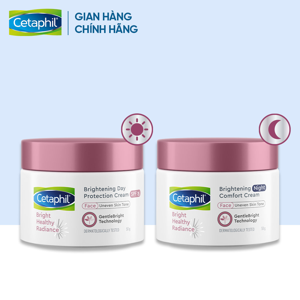 Combo 2 gồm Kem dưỡng ẩm và chống nắng làm sáng da ban ngày Cetaphil Bright Healthy Radiance Day Cream SPF15 50g và Kem dưỡng ẩm làm sáng da ban đêm Cetaphil Bright Healthy Radiance Night Cream 50g