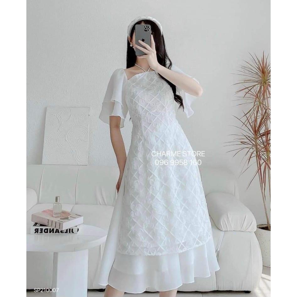 Set bộ áo dài trắng ren hoa rớt vai tay voan tiên chân váy voan đi chùa chơi tết