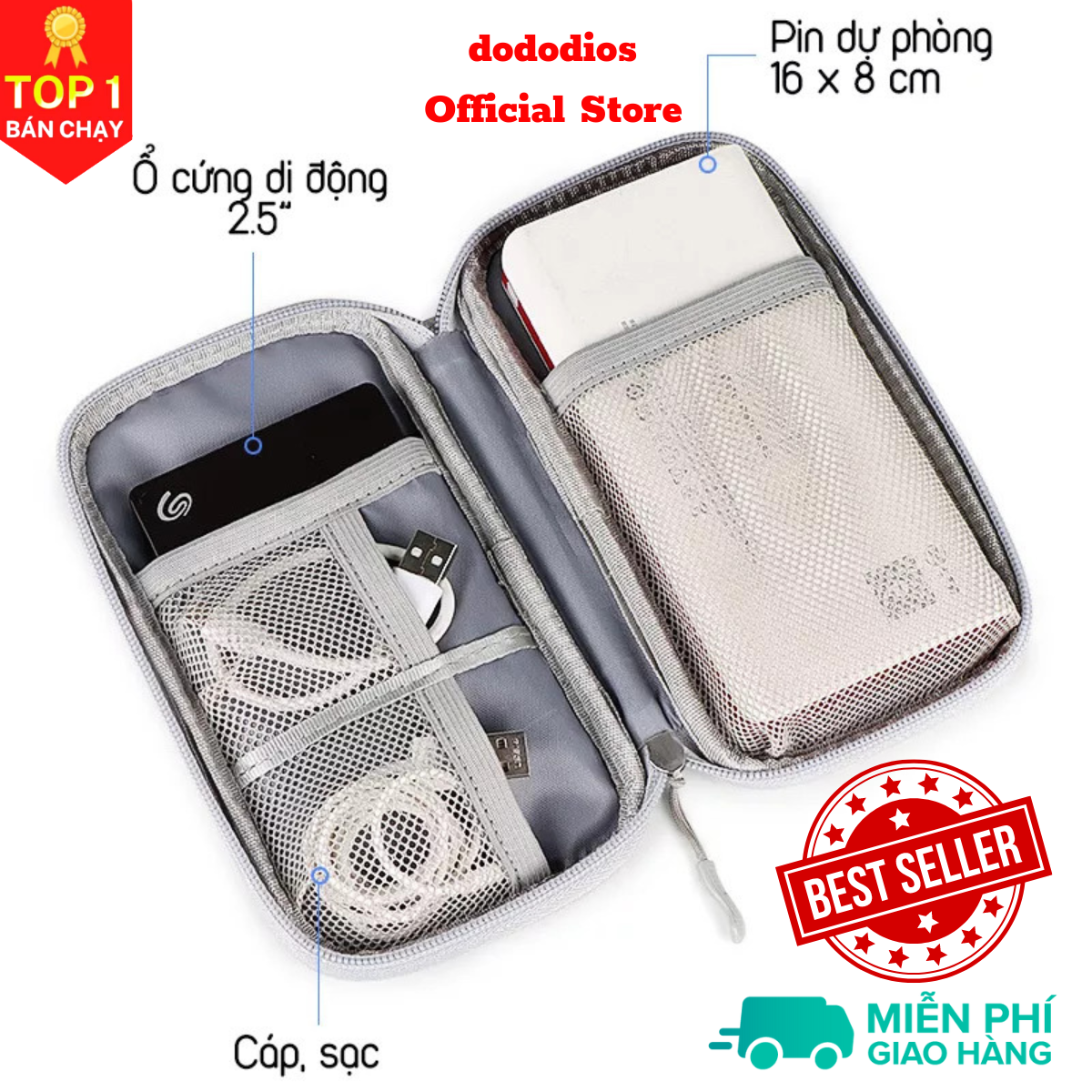 Túi đựng phụ kiện công nghệ đựng pin sạc dự phòng, điện thoại, cáp sạc usb, tai nghe có quai cầm, Túi Đựng Phụ Kiện Công Nghệ Có Quai Cầm, Chống Nước - Hàng Chính Hãng dododios