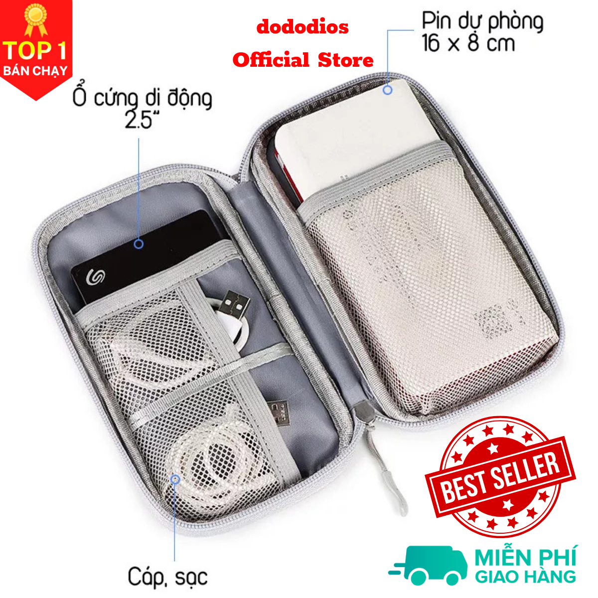 Túi đựng phụ kiện công nghệ đựng pin sạc dự phòng, điện thoại, cáp sạc usb, tai nghe có quai cầm, [Loại cao cấp - Màu Đen] Túi Đựng Phụ Kiện Công Nghệ Có Quai Cầm, Chống Nước - Hàng Chính Hãng dododios