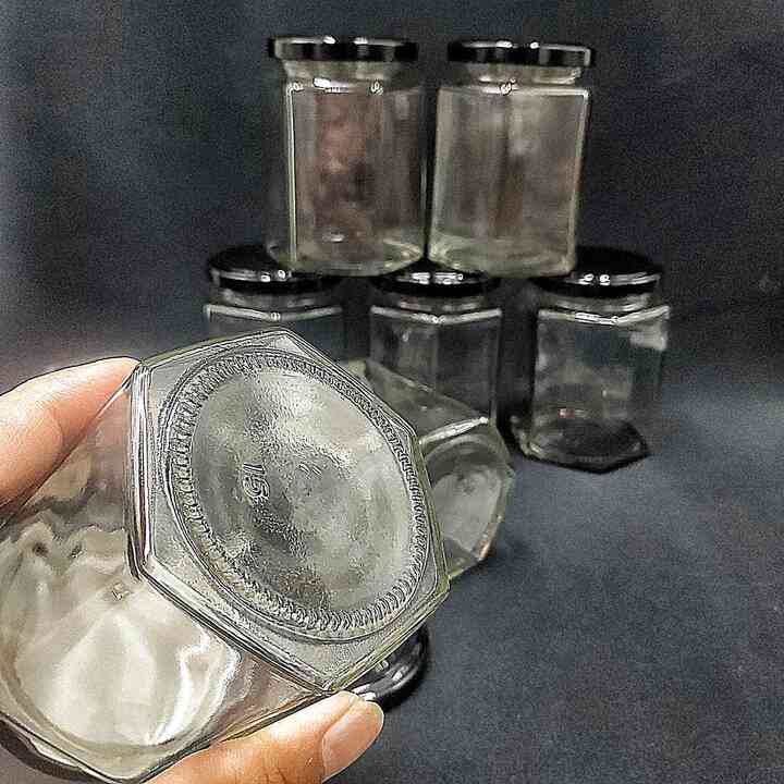 Combo 3 hủ đựng gia vị thủy tinh 280ml mẫu lục giác nắp thiếc đen vặn – hũ gia vị thuỷ tinh đựng mật ong, yến chưng, dầu dừa, sữa chua, đóng gói thực phẩm