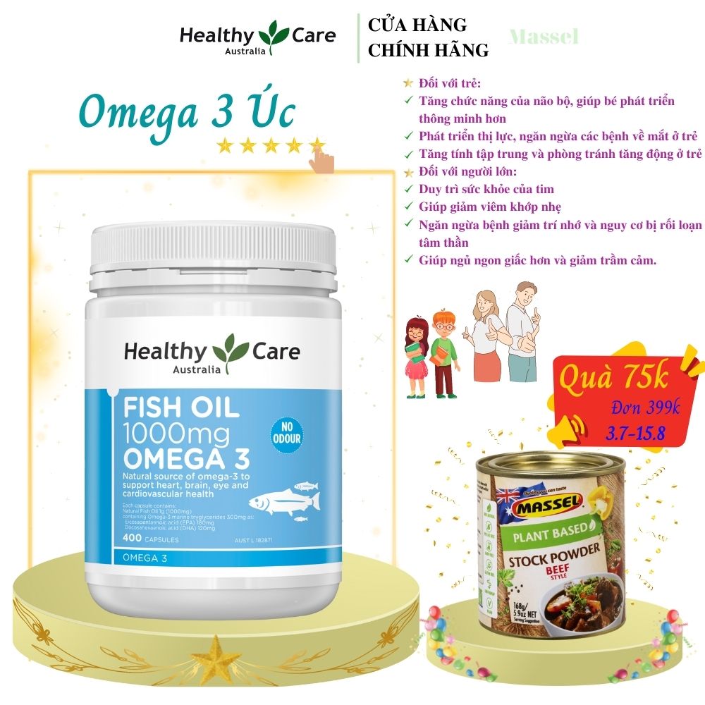 Omega 3 Úc Healthy Care Fish Oil 1000mg Hỗ trợ sức khỏe não bộ, tim mạch, khớp, bổ mắt và tăng sức khỏe tổng thể - Massel Official - 400viên /hộp