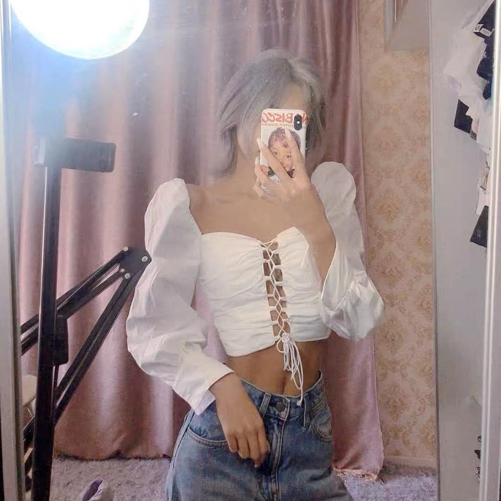 (ẢNH THẬT) Áo Croptop Đan Dây Tay Dài Daisy (TRẮNG+ĐEN