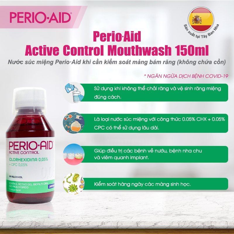Nước súc miệng diệt khuẩn hàng ngày có hương, ngăn mảng bám, chống viêm Perio-Aid Active Control 150ml