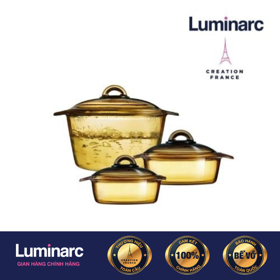 Bộ 3 nồi thuỷ tinh Luminarc Amberline Granite 1.5 Lít/ 2 Lít / 3 Lít (Bảo Hành 10 Năm)- LUGR1523