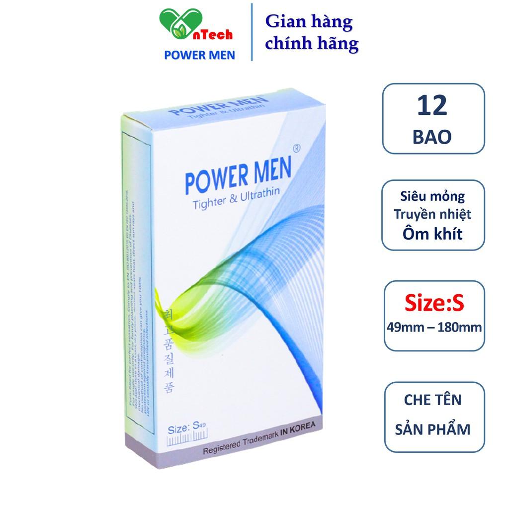 Bao cao su POWER MEN TIGHTER &amp; ULTRATHIN siêu mỏng siêu truyền nhiệt thiết kế ôm sát 3D chống tuột size 49mm hộp 12 cái