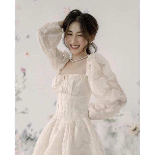 Đầm xòe tay dài phồng chất ren hoa cổ vuông dây nơ xếp ly đi biển dự tiệc cao cấp size S M L chiết eo