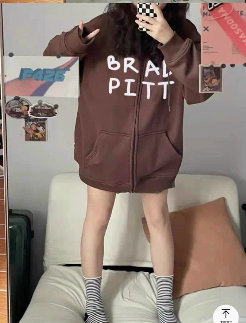 Áo khoác nỉ tàu in chữ BRAD PITT, Áo khoác hoodie hàn quốc khóa kéo nón 2 lớp rộng from to phong cách cá tính unisex ulzzang chống nắng che mưa, áo khoác nam nữ
