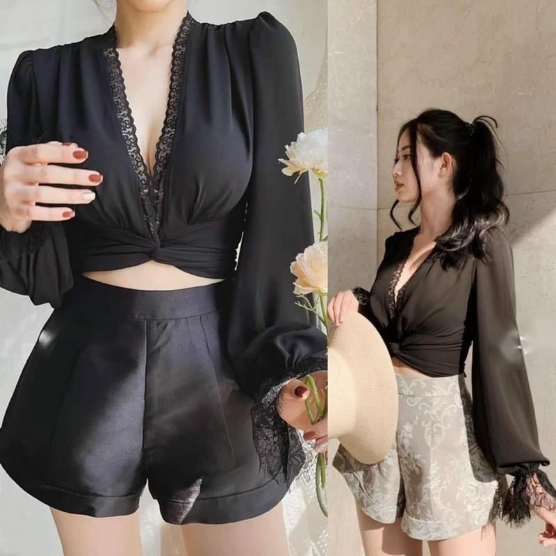 áo cổ v phối ren buộc nơ tay dài sexy