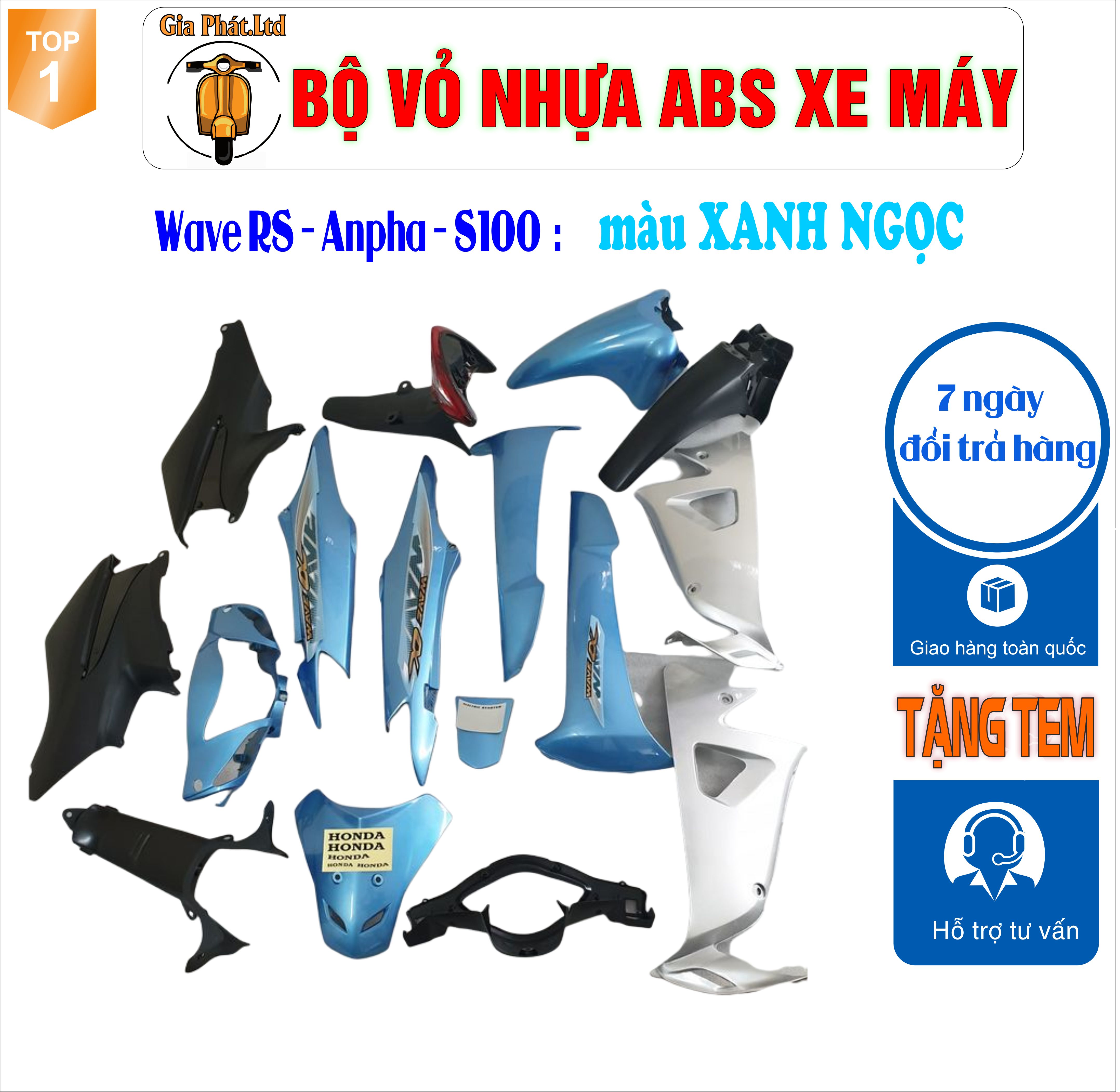 [Tặng tem] Dàn áo xe Wave RS - wave alpha - wave s100, nhựa ABS nguyên sinh màu XANH NGỌC_TKB-527(8013)