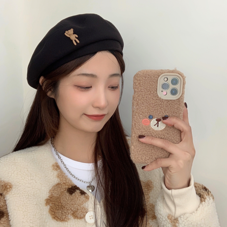 Mũ nồi beret vải nữ tính gắn gấu dễ thương Vintage đội đầu phối đồ đi học đi chơi thu đông xinh giá rẻ