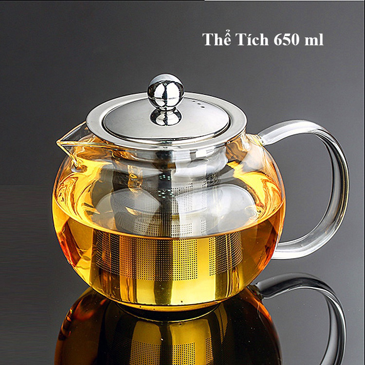 Bình Pha Trà Thủy Tinh Lỗi Inox 304 Không Rỉ 650ml