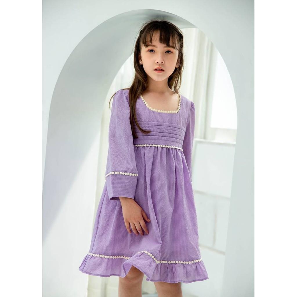 Váy bé gái BYZU, chất cotton mềm mại, cổ vuông tay bồng màu tím pastel