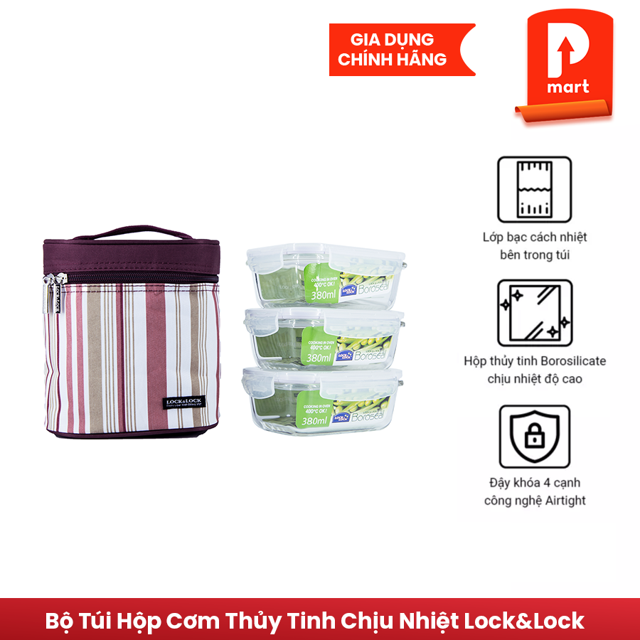 Bộ Hộp Cơm Thuỷ Tinh Lock&amp;Lock LLG422S3-SD Tặng kèm muỗng inox