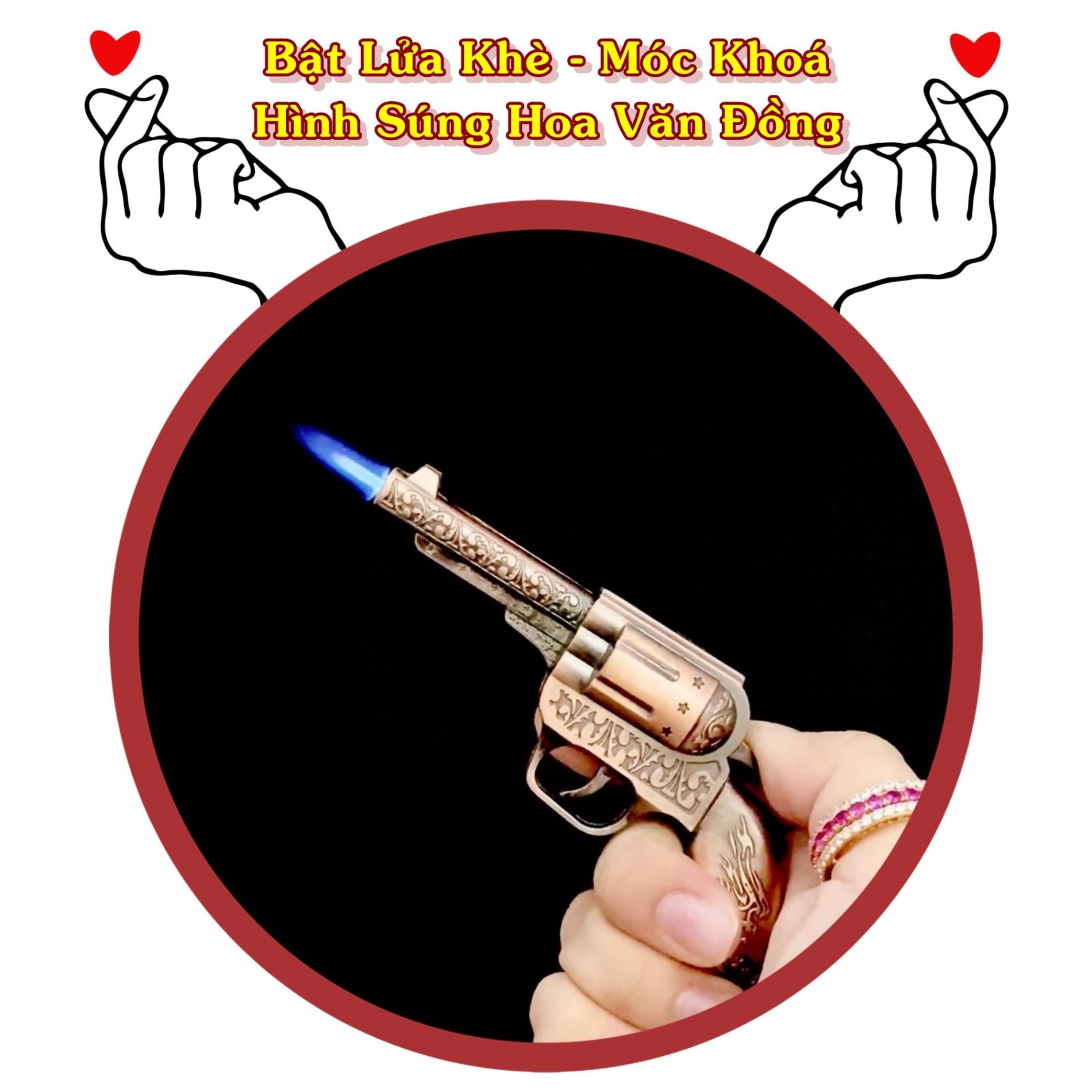 Hột quẹt bật lửa khè móc khóa hình súng hoa văn đồng -