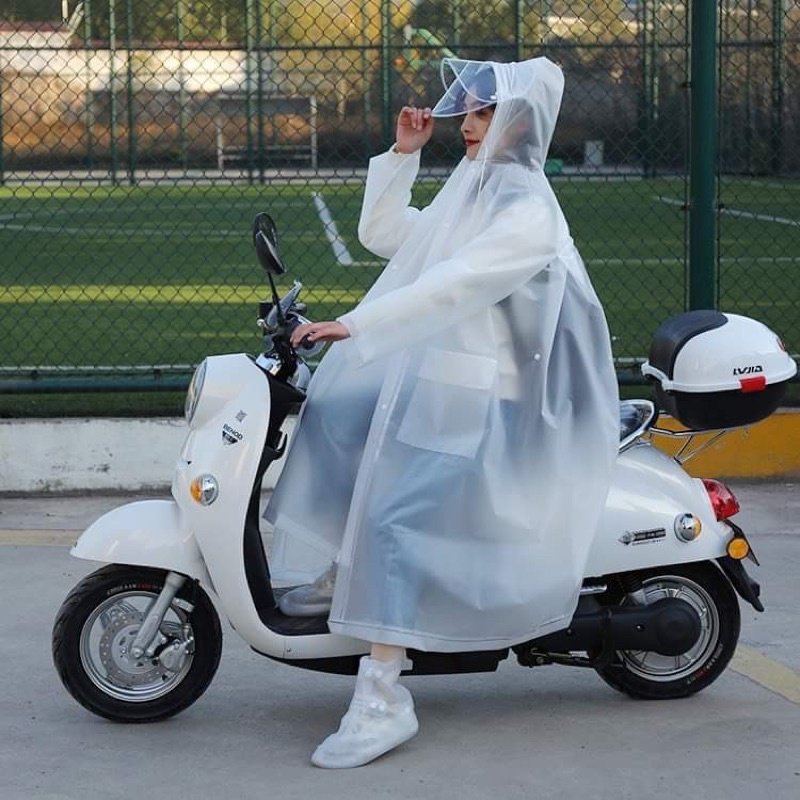 Bộ áo mưa măng tô thời trang Hàn Quốc trong suốt cho nam và nữ, phù hợp khi đi xe máy, xe đạp, có mũ trùm đầu, dáng dài, có kính chắn mưa MẪU MỚI 2023
