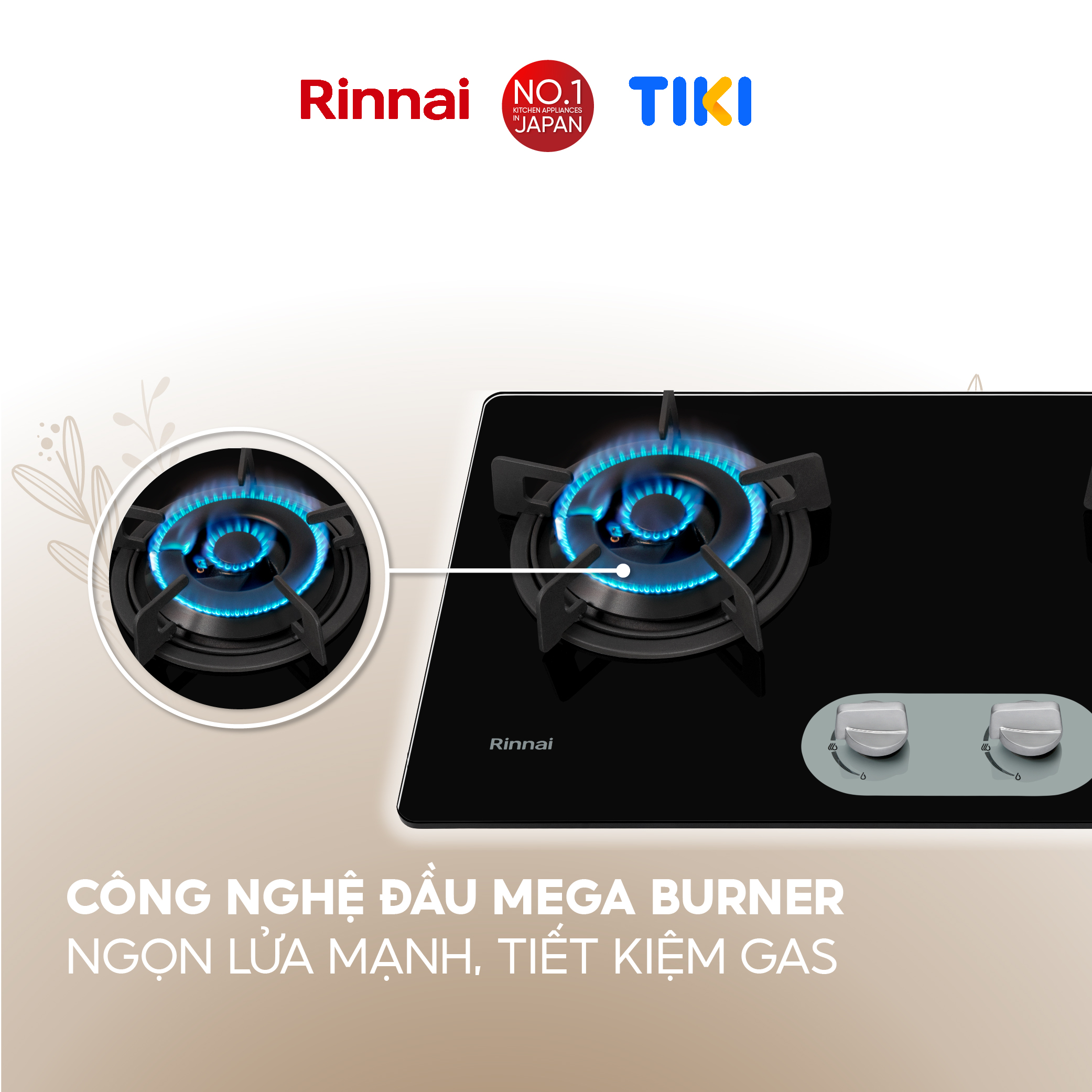 Bếp gas âm Rinnai RVB-220G(BG) mặt bếp kính và kiềng bếp gang - Hàng chính hãng.