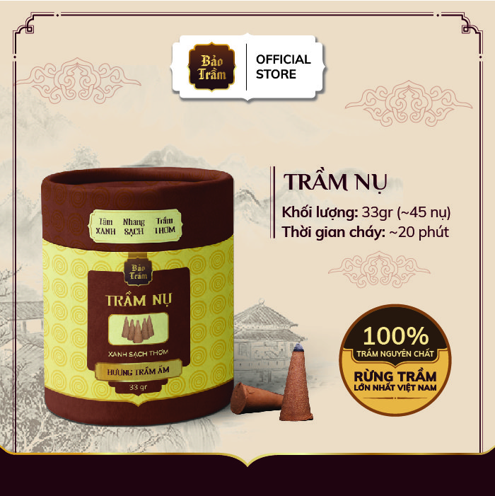 Trầm Nụ Tháp Bảo Trầm – Hộp Vàng 33g | Nụ Trầm Xông Lư – Thơm Sâu Thanh Tịnh | Tự Nhiên