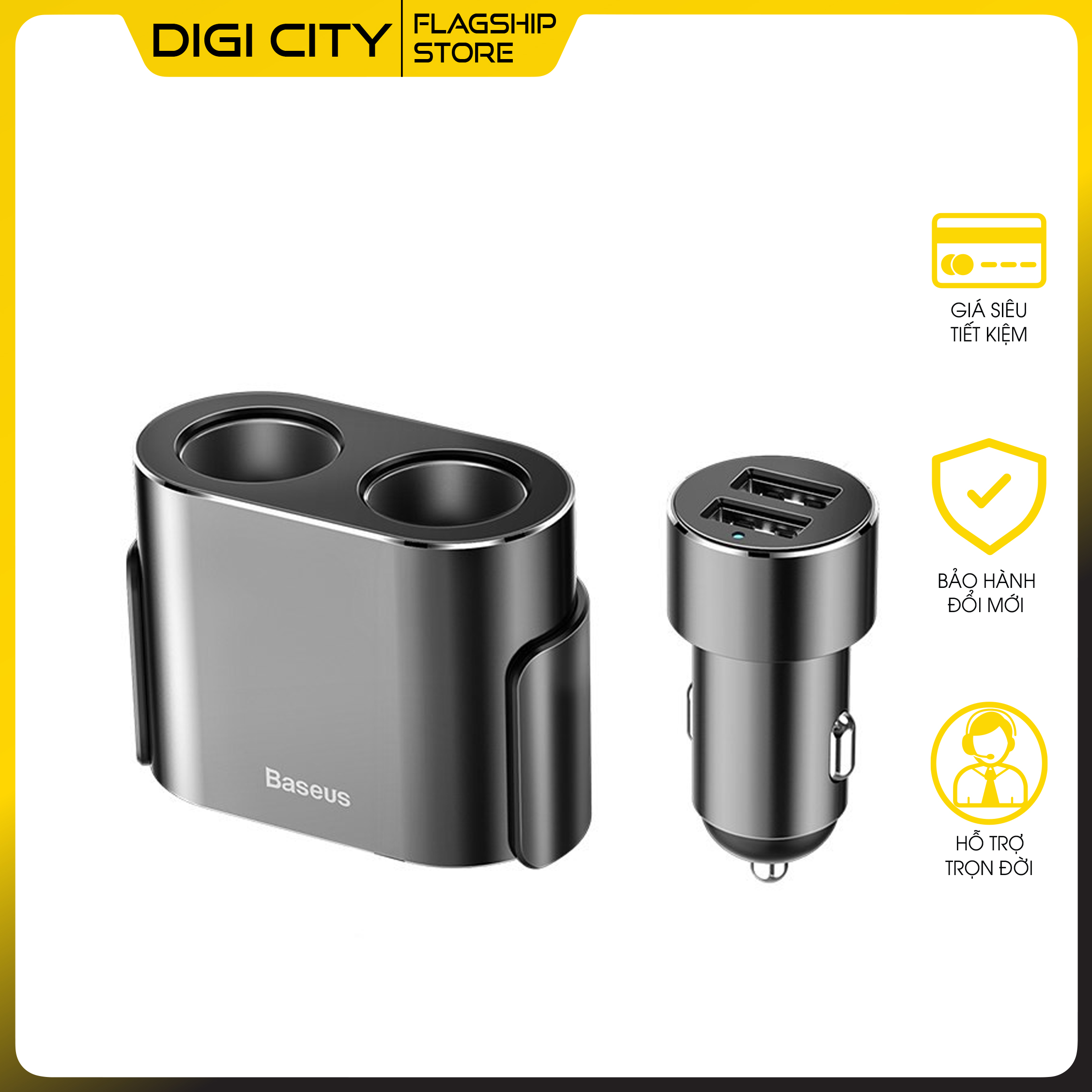 Củ sạc trên oto chia tẩu Baseus High efficiency one tow two cigarette lighter - Hàng chính hãng