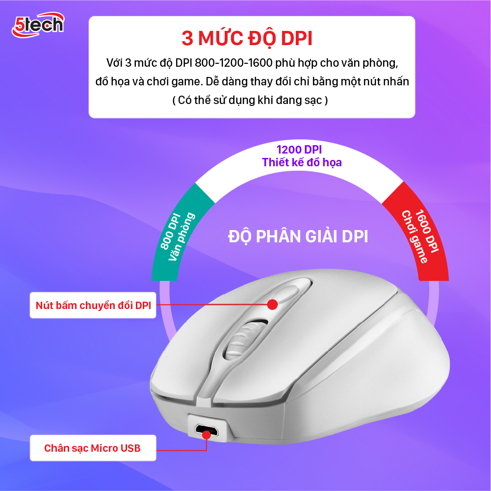 Chuột không dây 5TECH, chuột gaming wireless 2.4Ghz chuột quang sạc pin siêu nhạy cho máy tính, laptop,chất liệu nhựa ABS cao cấp hàng chính hãng