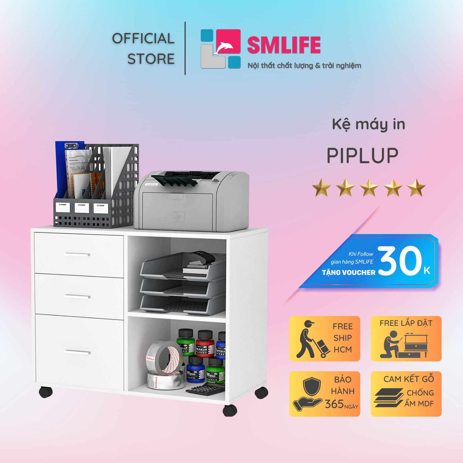 Kệ để máy in gỗ hiện đại SMLIFE Piplup | Gỗ MDF dày 17mm chống ẩm | D80xR40xC71cm