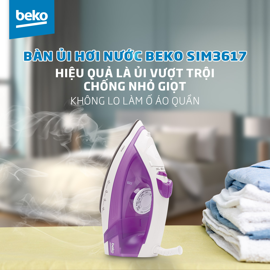 Bàn Ủi Hơi Nước BEKO Mặt Đế Phủ Lớp Chống Dính Ceramic SIM3617 – Hàng Chính Hãng