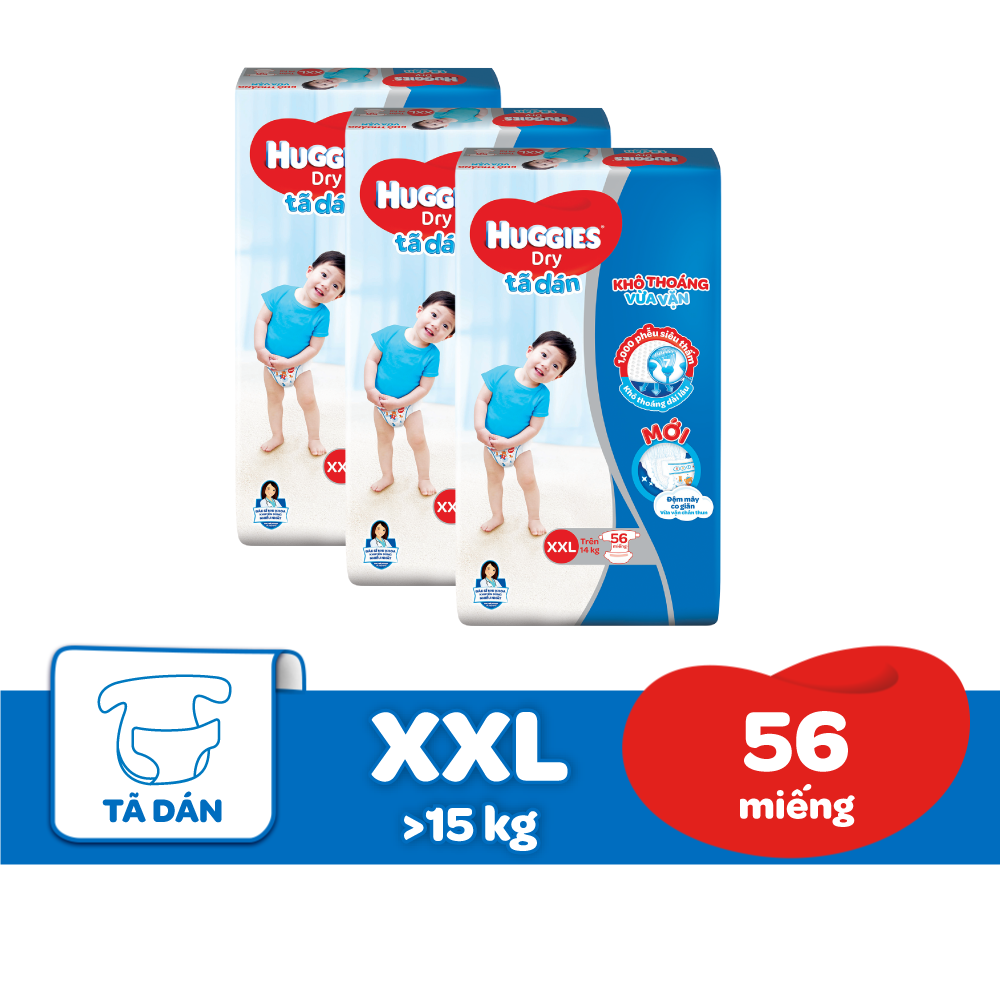 Combo 3 Gói Tã Dán Huggies Dry Gói Cực Đại XXL56 (56 Miếng) - Bao Bì Mới