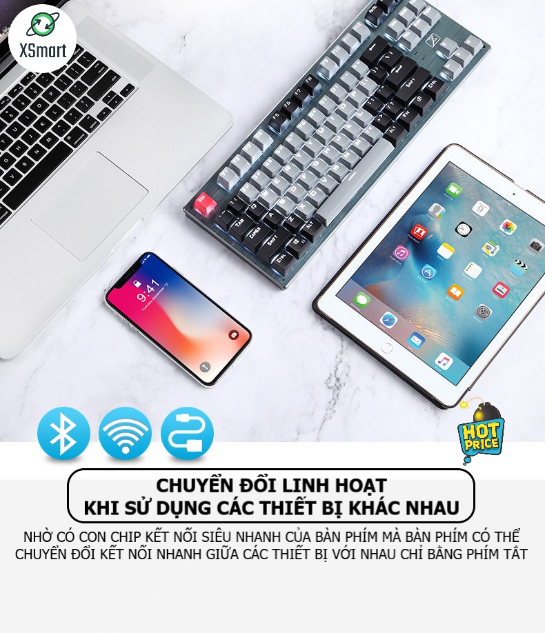 Bàn phím CƠ Bluetooth Không Dây Pin Sạc XSmart K950 LED đẹp, Trục blue switch cho pc laptop, điện thoại, máy tính bảng macbook iphone ipad hàng chính hãng