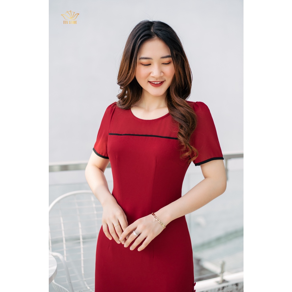 Đầm dự tiệc cách tân ao dài thiết kế cổ tròn phối viền - Đỏ đô - TTV784 TTV Store
