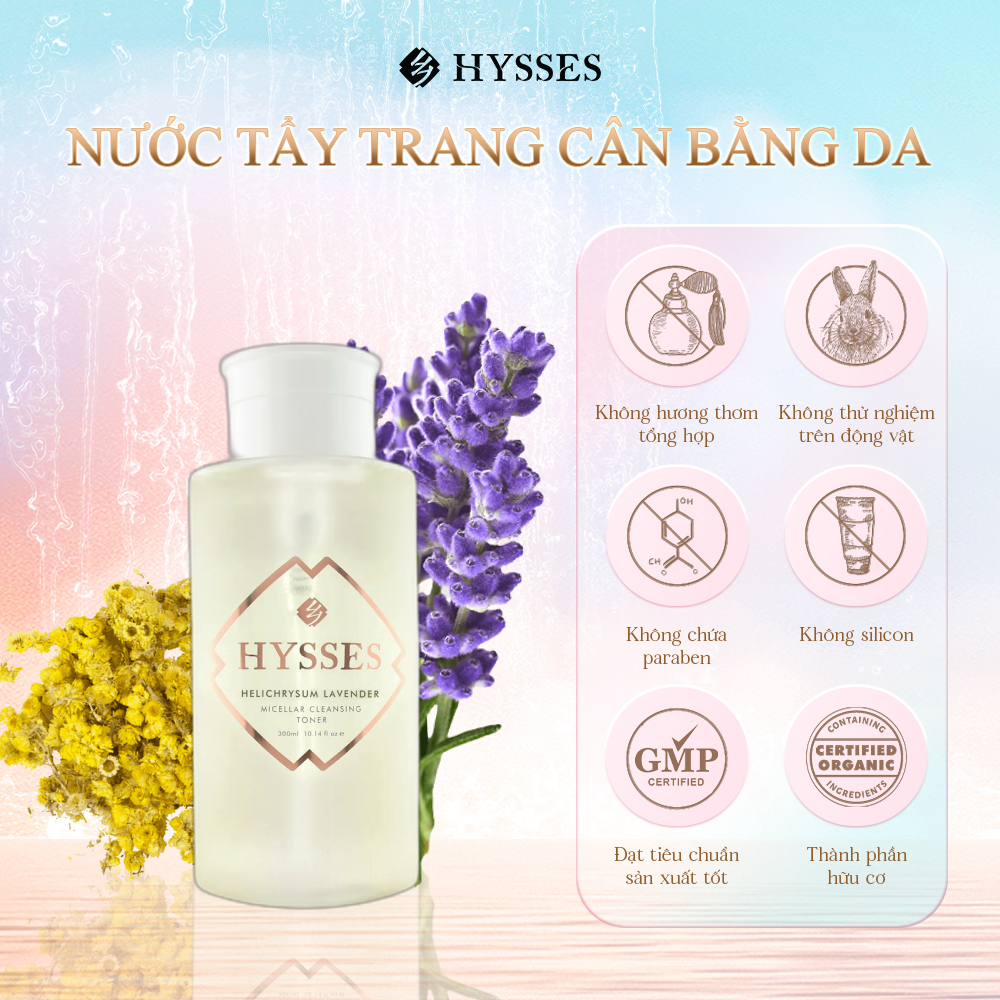 Nước Cân Bằng Cao Cấp Hysses Micellar Cleansing Toner Làm Sạch Sâu Cặn Trang Điểm Và Bụi Bẩn, Làm Sáng Da, Ngăn Lão Hóa Với Tinh Dầu Oải Hương - Cúc Vạn Thọ Hữu Cơ Tự Nhiên