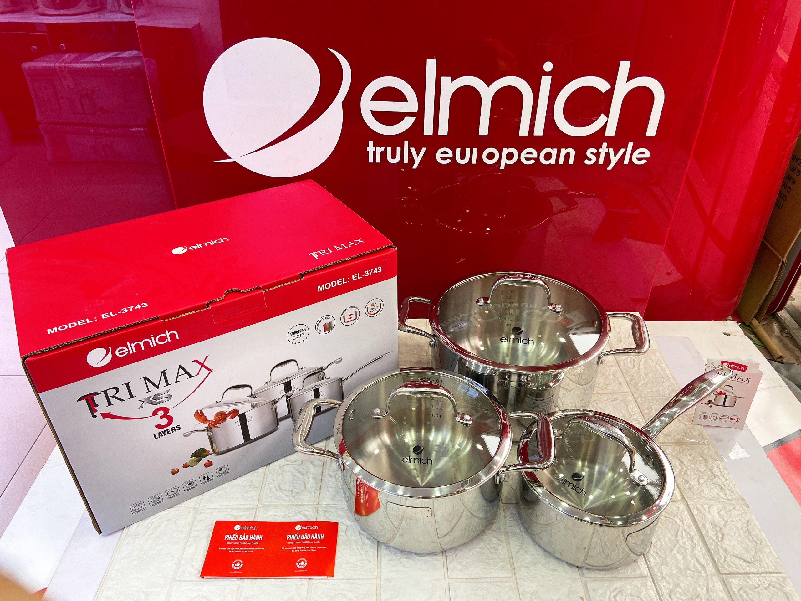 Bộ nồi elmich Inox cao cấp 3 lớp đáy liền Trimax XS EL-3743 size 16, 20, 24cm