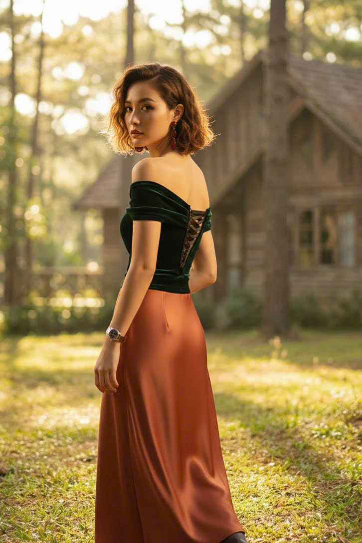 Áo Kiểu Nữ Cao Cấp Áo Trễ Vai Nhung Xanh Thời trang thiết kế Hity TOP115