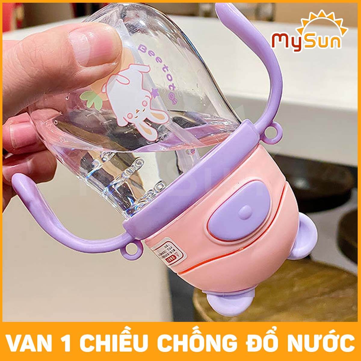 Bình nước có ống hút chóng sặc 250ml tập uống cho bé 1 2 3 tuổi đi học mẫu giáo có tay cầm dây đeo đẹp cute MySun