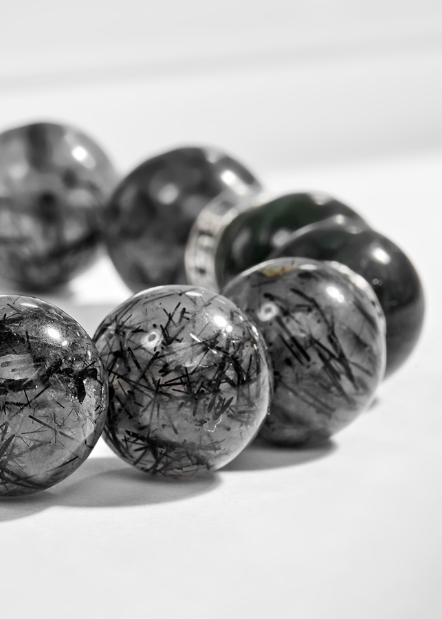 Vòng tay đá thạch anh tóc xanh phối thạch anh tóc đen charm lục tự  Ngọc Quý Gemstones