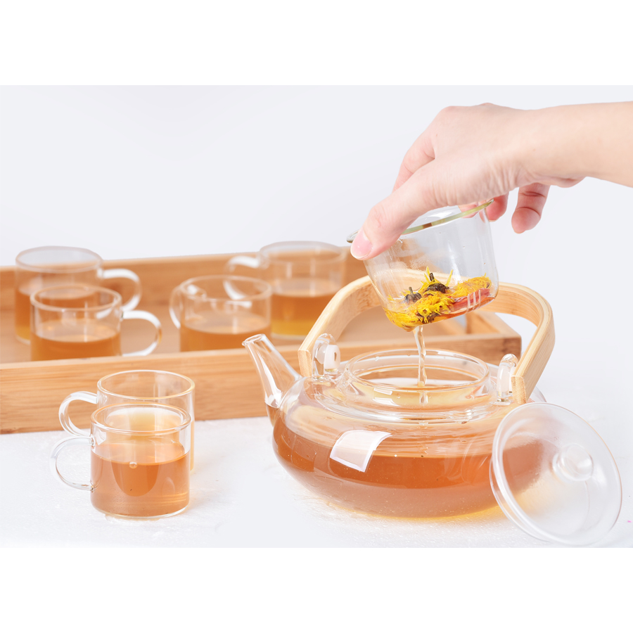 Bộ Ấm Thủy Tinh Chịu Nhiệt Quai Gỗ Cao Cấp Kèm 6 Chén Và Khay Sang Trọng