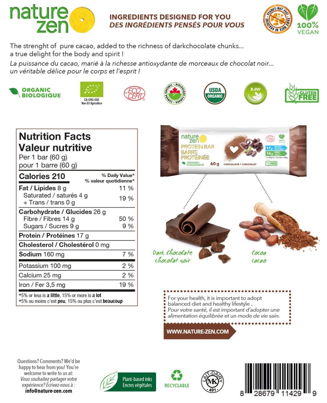 Protein bar - Nature Zen từ CANADA, đạm thuần thực vật Organic