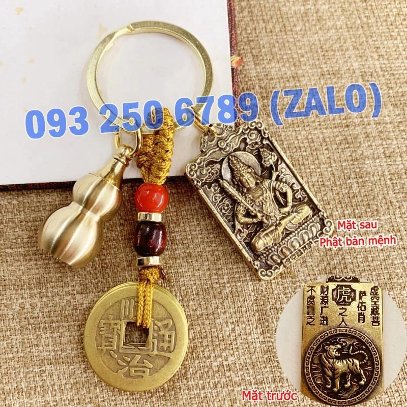Móc Khóa Đồng Thau 12 Con Giáp 3 Món, Dây 5 Xu + Quả Bầu Rỗng + Thẻ 2 Mặt Phật Bản Mệnh mỗi con giáp