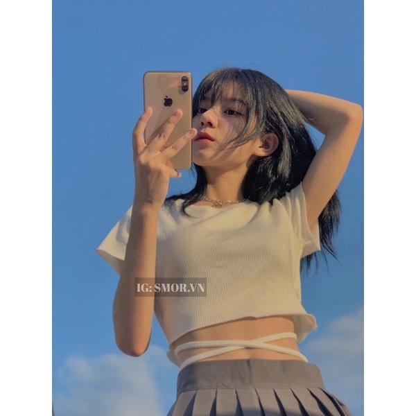 Áo croptop tay ngắn, đan dây eo