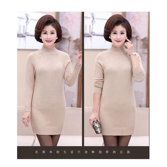 Áo len nữ trung niên dáng dài, váy len body dáng ngắn cổ cao cho bà cho mẹ
