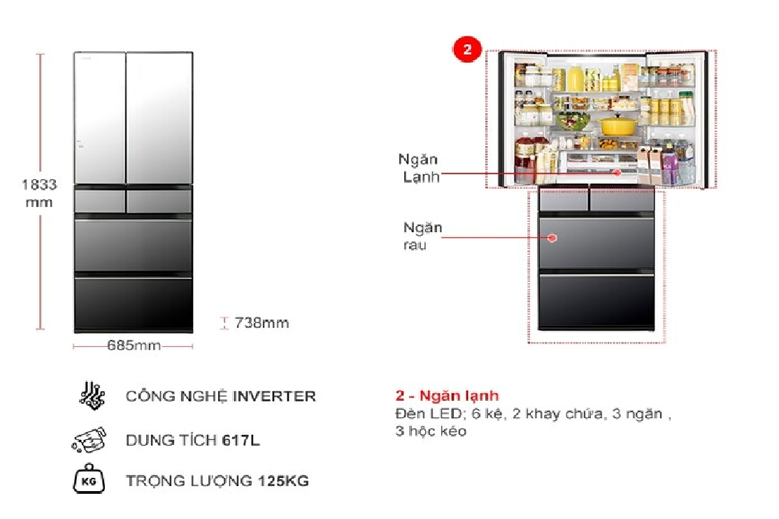 Tủ lạnh Hitachi Inverter 617 lít R-HW620RV XK - HÀNG CHÍNH HÃNG - CHỈ GIAO HCM
